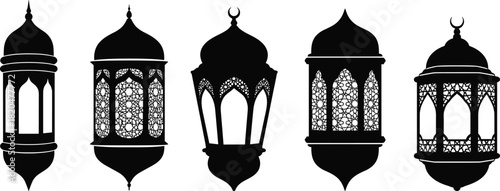 Five black silhouette Islamic lanterns with intricate patterns and crescent moons