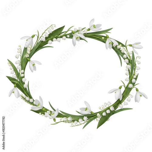 Oval wreath of white snowdrops and green leaves isolated on transparent background