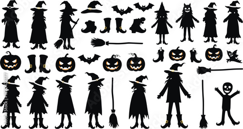 Halloween black silhouette collection witches pumpkins bats boots brooms ghost vector