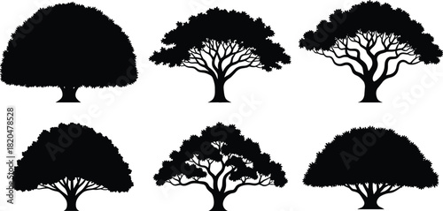 Six black silhouette trees with detailed branches and leafy canopies on white background