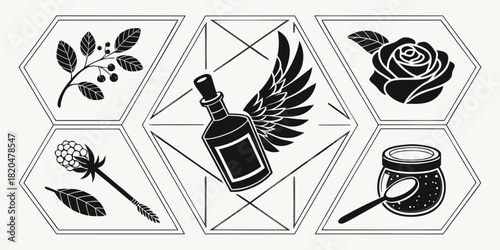 Black and white illustration of potion ingredients in hexagon frames