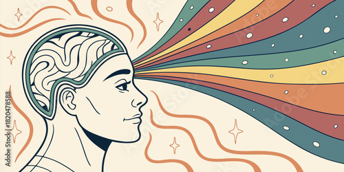 Woman's mind releasing colorful thoughts in an abstract artistic design