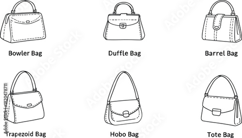 Six types of handbags illustrated with black outlines on a white background bowler bag