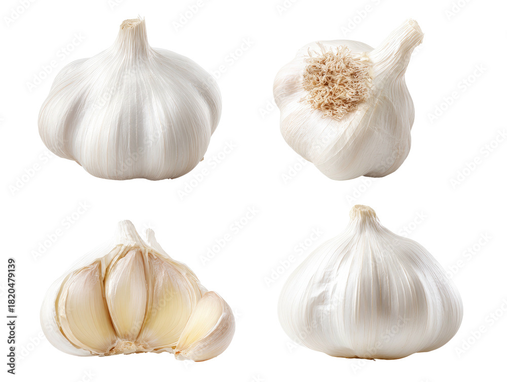 Fototapeta premium Four views of white garlic bulbs, one partially opened