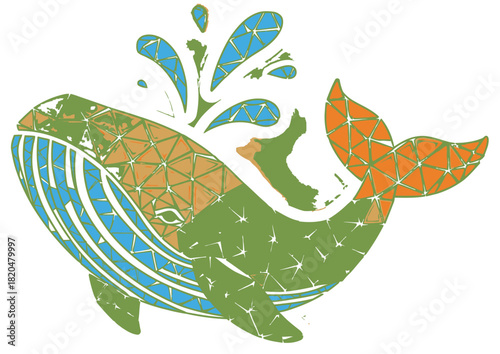 Colorful Mosaic Whale Spouting Water in a Distressed Abstract Style Illustration
