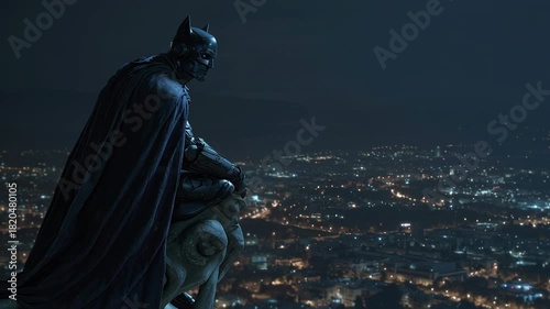 A majestic caped guardian, perched on a gothic architectural detail, gazes out over the vast, illuminated metropolis under the cloak of night, embodying silent vigilance