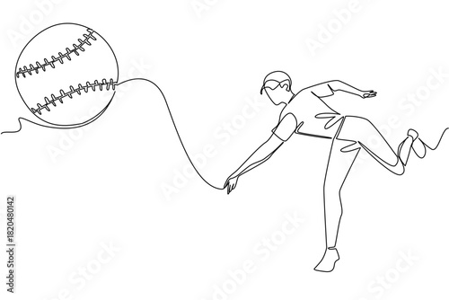 One line drawing of a man pitcher striding to throw deliver a softball, sports concept for athletic performance, for World Softball Day highlighting teams, tournaments, coaches, and global participate