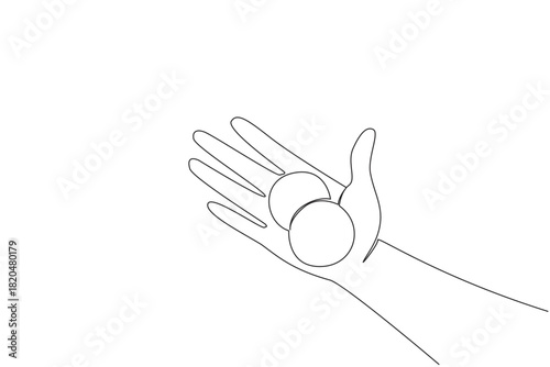 Continuous line drawing of a human palm hand holding two coin cell batteries, health concept for household safety for National Button Battery Awareness Day to warn families about ingestion hazards.