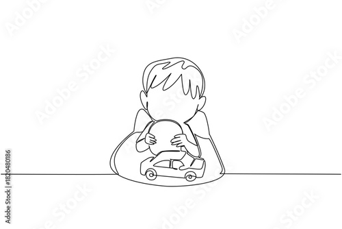 Single line drawing of a boy holding a button battery by a toy car, health concept for child safety, National Button Battery Awareness Day, urging screw‑locked compartments and active supervision.