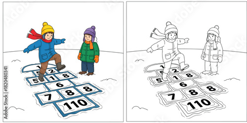 Vector illustration of happy kids playing hopscotch game in winter snow with black and white coloring book page outline for children education and leisure activity.