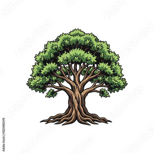 A stylized illustration of a large, mature tree with spreading branches and roots.