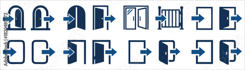 Vector login and entrance access icon set with different doors, gates, and arrow symbols for UI design.