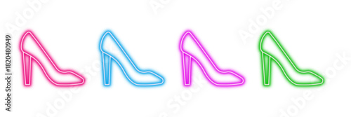 Neon glowing high heels vector icons set, fashion, glamour, elegance, style, footwear, vibrant colorful digital design illustration on transparent background.