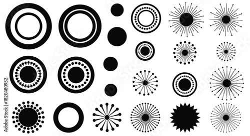 Black and white circles and starbursts graphic design elements vector set