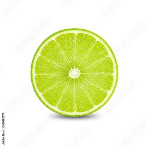 Bright green fresh juicy lime slice isolated on a clean white background showing texture and perfect circular shape and vibrant color ,peel ,detail ,fruit
