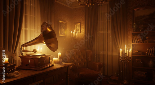 Vintage Gramophone with Warm Candlelight in a Dimly Lit Room.