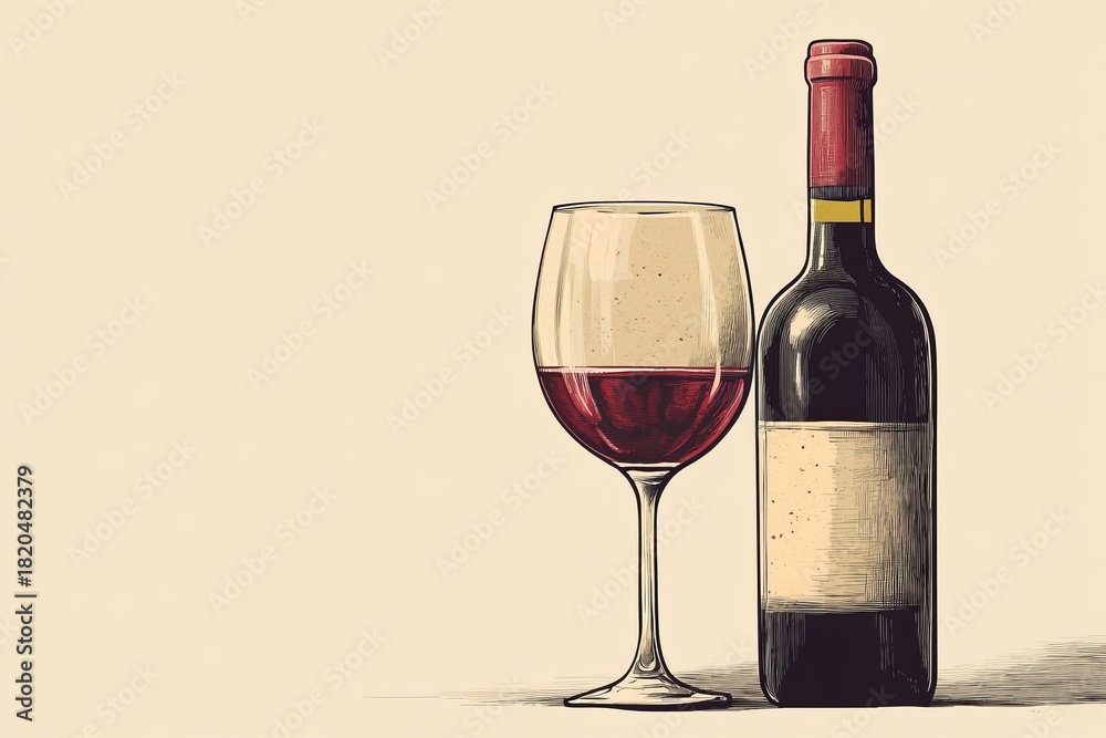 Fototapeta premium Elegant wine bottle and glass with red wine on a light background