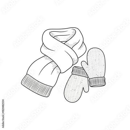 Winter clothing accessories, knitted scarf and mittens for cold weather protection