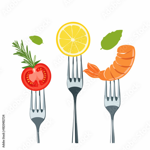 Forks with various food. Tomatoes with lemon and shrimp with pepper and salmon. Horizontal food design template. Vector illustration