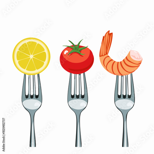 Forks with various food. Tomatoes with lemon and shrimp with pepper and salmon. Horizontal food design template. Vector illustration