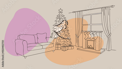 Holiday living room interior illustration with a decorated christmas tree, festive gifts, a cozy fireplace with hung stockings, and a comfortable sofa by the window.