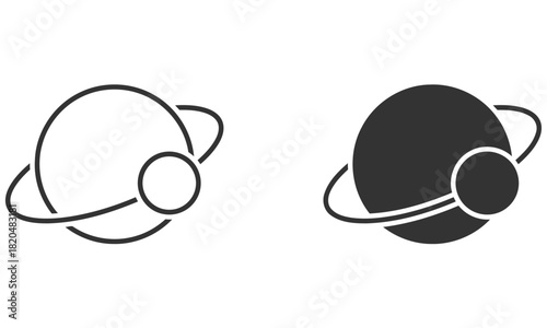 Celestial Orbit: A minimalist design depicts two contrasting representations of a planet with a prominent ring system and a smaller orbiting celestial body.