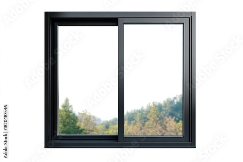 A modern, black-framed sliding window with two glass panes overlooking a blurry landscape