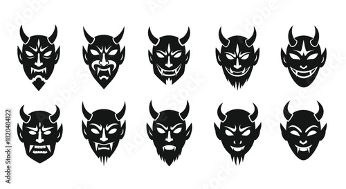 Vector graphic set of demon faces devilish halloween design elements