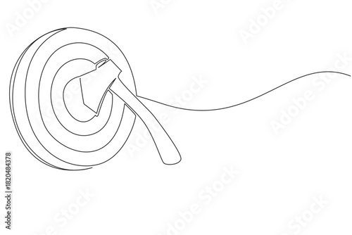 Single line drawing of a hatchet embedded in a bullseye round wooden axe throwing target with rings for scoring, sports concept for recreational competition, themed for International Axe Throwing Day.
