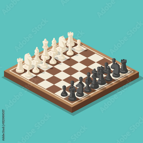 An isometric vector illustration depicts a wooden chessboard on a teal background, with white and black pieces arranged in non-standard clusters at opposite corners of the board