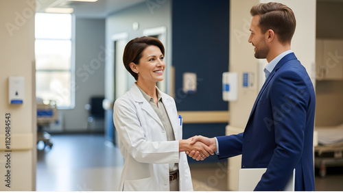 Mature woman doctor shaking hands with pharmaceutical representative at hospital Professional healthcare partnership and medical business collaboration