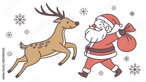 Jolly santa claus carrying a gift sack and a cheerful reindeer leaping through snowflakes, celebrating the festive christmas season in a playful cartoon illustration