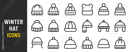 outline vector set of warm winter hats and cozy headwear, featuring scarves, beanies, and headgear for cold weather apparel concepts, fashion illustrations, and seasonal graphic projects.