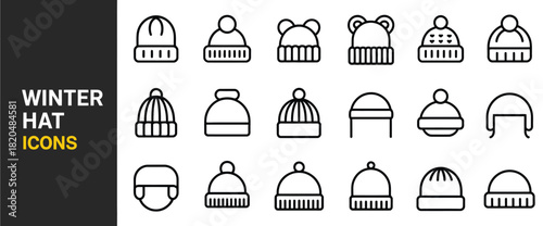 outline vector collection of winter hats and cozy headwear, including beanies, knit caps, and warm headgear, ideal for cold season fashion designs, clothing catalogs, and apparel graphics.