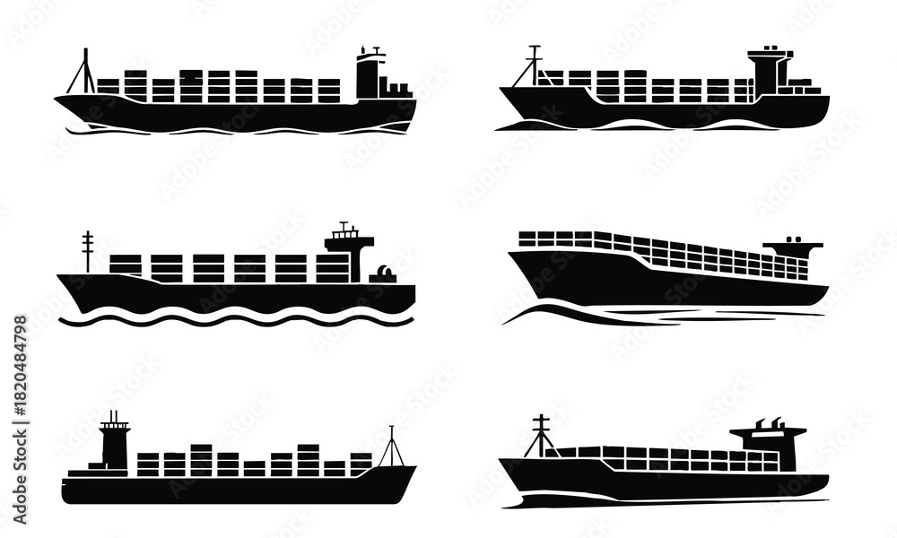 Fototapeta premium Container Ship Silhouettes, Container Ship Icons Set, Vector Silhouettes of Cargo Ships, Set of Black and White Container Vessel Illustrations
