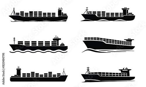 Container Ship Silhouettes, Container Ship Icons Set, Vector Silhouettes of Cargo Ships, Set of Black and White Container Vessel Illustrations