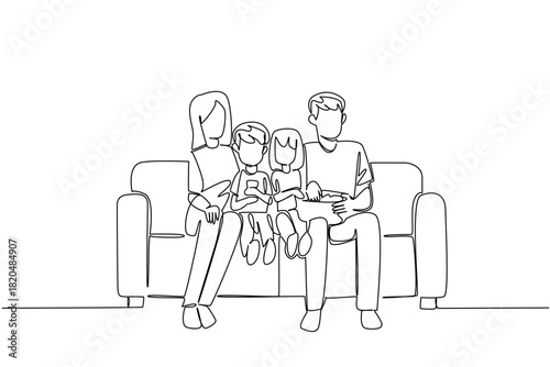 Continuous line drawing of a mother, father, son, and daughter sitting on a sofa, enjoying a movie night with a bowl of popcorn from front view. Celebrating National Movie Night event.
