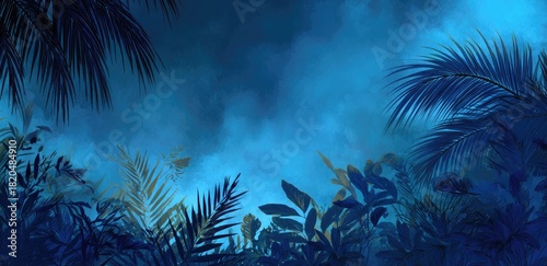 A painted blue jungle scene with layered foliage, creating a moody, atmospheric ambiance