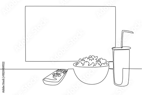 Continuous line drawing close up of a bowl of popcorn, a remote control, and a drink cup, symbolizing a home movie setup with big TV screen on wall. Home cinema essentials and simple viewing rituals.