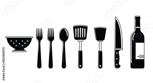 Kitchen utensils and cooking tools vector illustration black and white