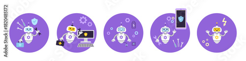 Set of 5 illustrations of AI robot assistant helping users set up their smartphones and computers. Concept for technical support and service. Cute character with tools. Flat style vector illustration.