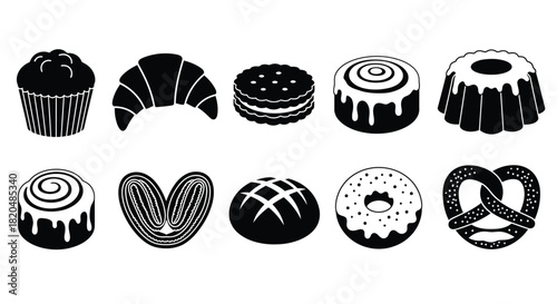 Bakery items vector icons set muffin croissant cookie and more desserts