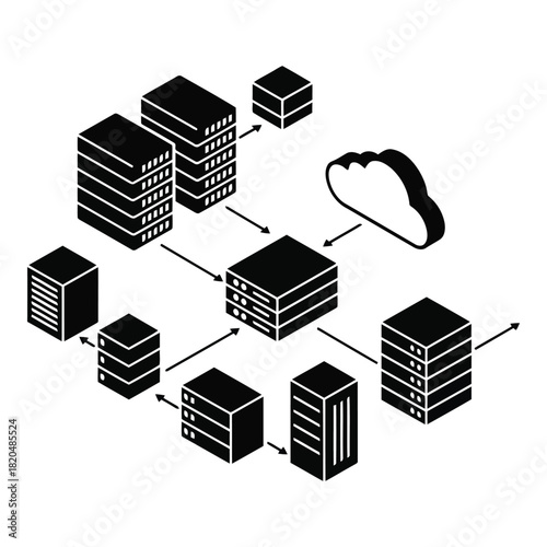 Cloud Computing Network, Isometric Server Infrastructure, Data Flow Diagram