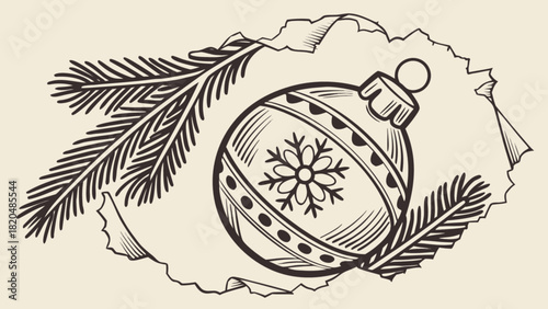 Hand-drawn christmas ornament with intricate snowflake pattern and elegant fir branches, emerging from a torn paper effect, creating a festive holiday greeting in a classic vintage sketch.