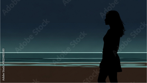 Woman silhouetted against a serene beach and ocean scene at dusk