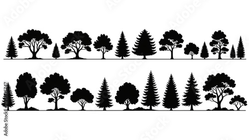 Collection of diverse trees and evergreen silhouettes representing nature and woodlands