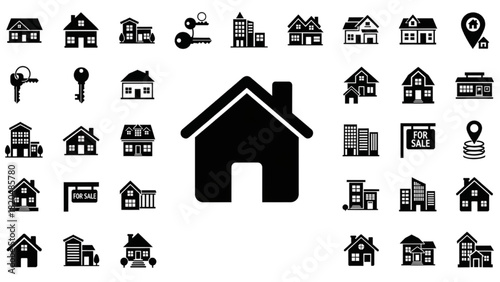 Collection of real estate icons, including houses, keys, and buildings