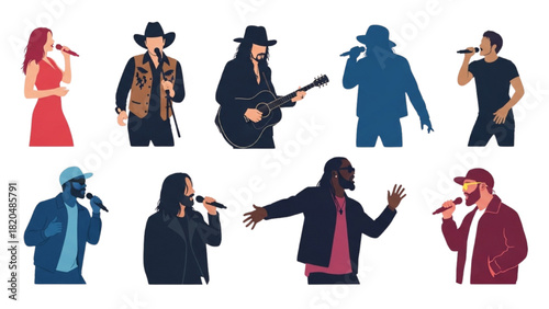 Vector illustration set of diverse singers, vocalists, and musicians performing with microphones