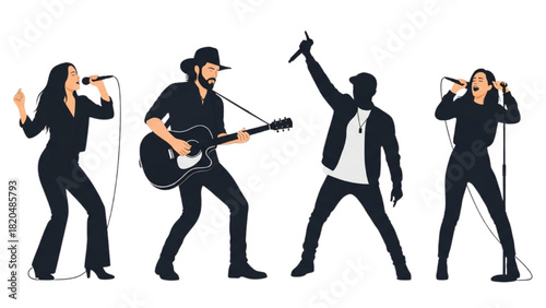 Silhouette group of musicians performing on stage with microphones and guitar