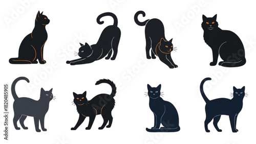 Collection of sleek black cat illustrations in diverse poses, perfect for pet-themed designs and Halloween aesthetics